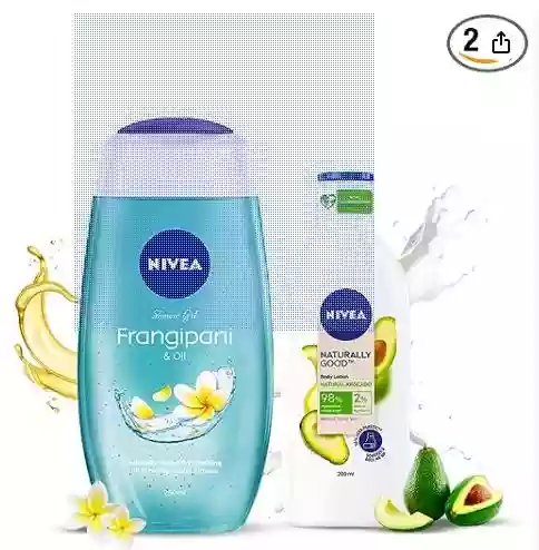 Nivea Frangipani and Oil Shower Gel, 250ml and Naturally Good, Natural Avocado Body Lotion, 200 ml